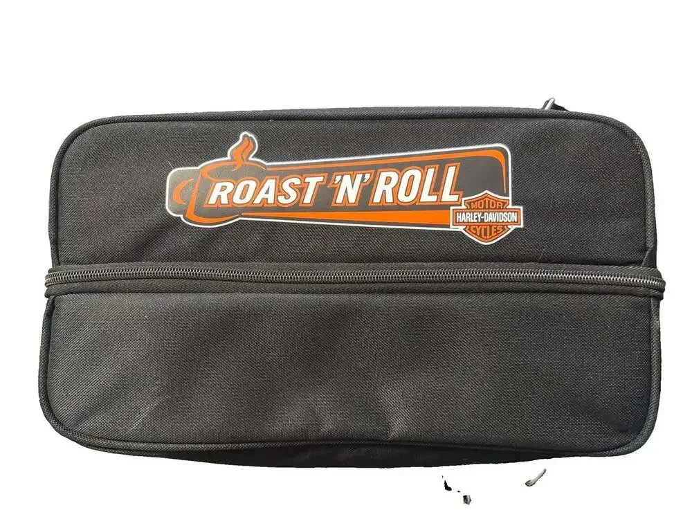 Harley Davidson Roast N Roll Travel Bag Thermos Spoons Cloth Napkins Case + New